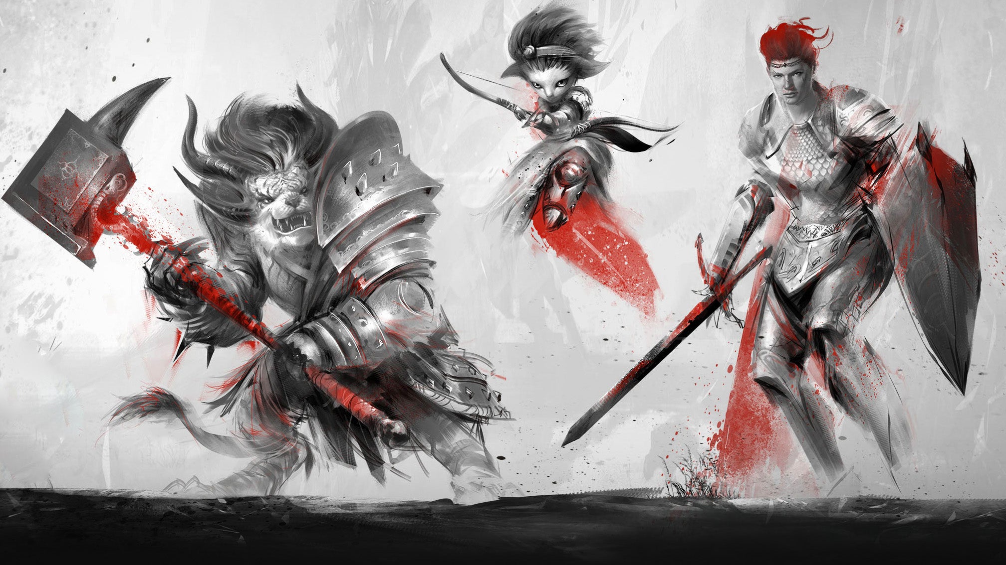 Mostly grey sketched artwork with red accents, showing three fantasy heroes side by side, one a huge lion-like creature in big armour with a huge hammer; one a small, high-jumping creature with a bow; the other a humanoid knight in shield and armour. All in battle poses, all ready for action./