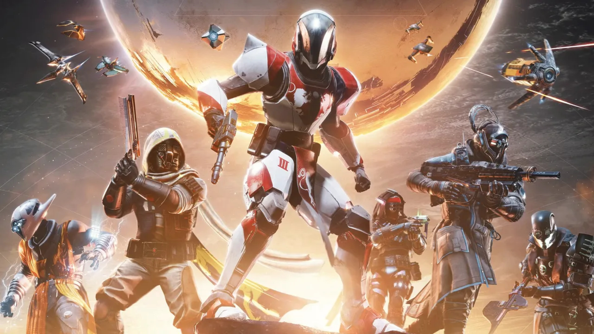 Destiny new catalysts: Key art for the Monument of Triumph update, featuring multiple Guardians holding weapons at the ready, standing on a rock with the Traveler in the background.